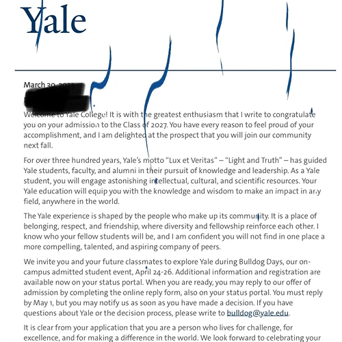 Yale Admission Letter